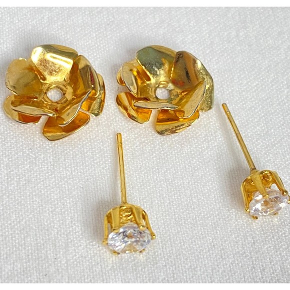 Flower Stud Earrings Gold Tone Petals Clear Rhinestone Detachable Centers - Picture 4 of 6
